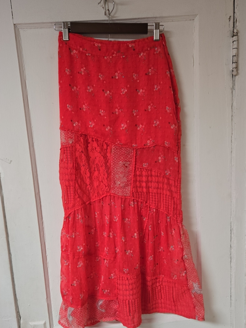 Free People Daniella Lace Maxi Skirt Poppy Red Boho XS
